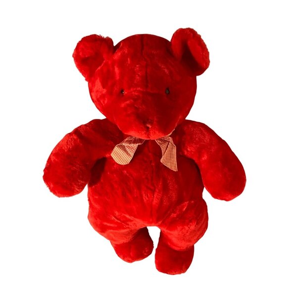 Commonwealth Bright Red Plush Large Teddy Bear With Gingham Accents 27" - Picture 2 of 4